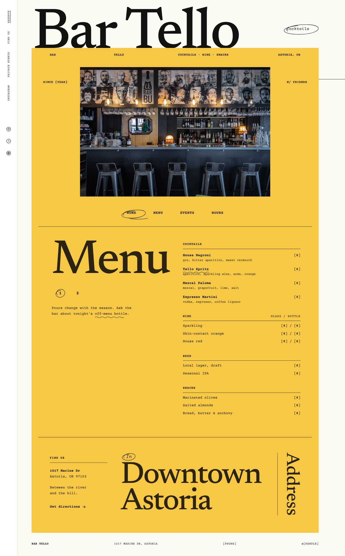 Homepage design for Bar Tello, a cocktail bar in Astoria, with its drinks menu